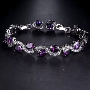 Purple Gemstone White Zirconia Silver Color Bracelet Timeless Elegant Classic